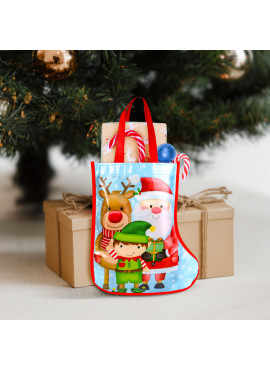 Cizmă decorativă tip geantă cadou – albastră, cu Moș și ren – 33 cm