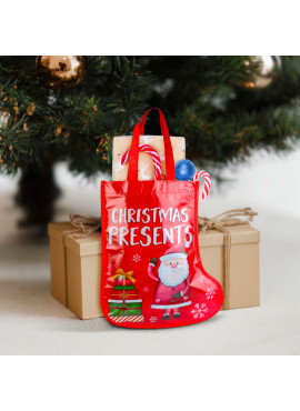 Cizmă decorativă tip geantă cadou – roșie, cu Moș – 33 cm