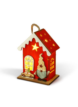 Decorațiune de Crăciun cu LED – căsuță cu spiriduș – lumină alb cald – roșu – 7,5 x 5 x 10 cm