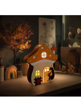 Decorațiune luminoasă de toamnă – căsuță-ciupercă cu arici – lemn – 15 x 16 x 5 cm