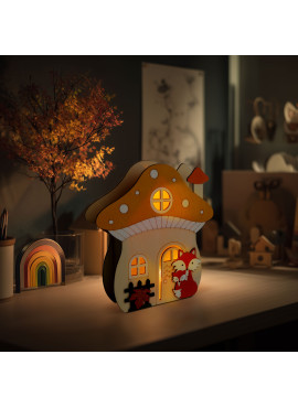 Decorațiune luminoasă de toamnă – căsuță-ciupercă cu vulpe – lemn – 15 x 16 x 5 cm