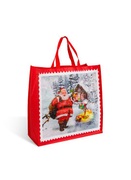 Geantă cadou decorativă – model roșu cu Moș – 45 x 44 x 19 cm