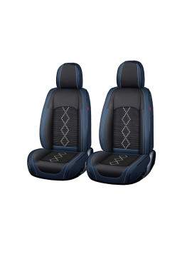 Huse auto premium 5 locuri Carguard Deluxe piele ecologică perforată și textil - negru - albastru închis