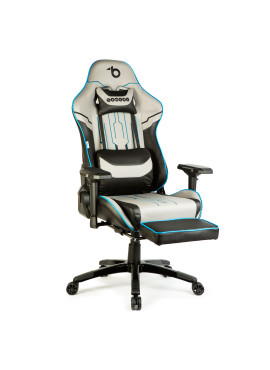 Scaun de gaming ergonomic cu pernă, tetieră, suport picioare și spătar rabatabil, gri/negru/albastru, 84 x 52 / 48 x 50 cm