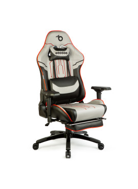 Scaun de gaming ergonomic cu pernă, tetieră, suport picioare și spătar rabatabil, gri/negru/roșu, 84 x 52 / 48 x 50 cm