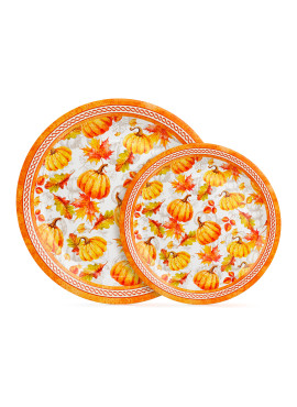 Set 12 farfurii de hârtie – model dovleac și frunză – 2 dimensiuni (230 / 180 mm)