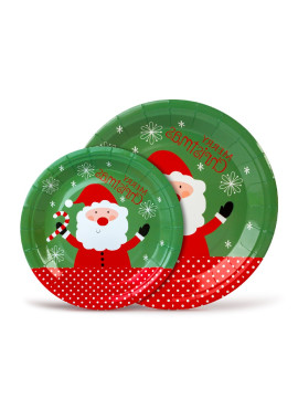 Set farfurii de Crăciun din hârtie – model Moș Crăciun – 16,5 / 23 cm – 12+12 bucăți / pachet